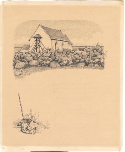 Illustrazione per St. St. Blicher: "Mowns". In primo piano: chiesa dietro un muro di pietra; in basso: tomba (?) con pala da Hans Smidth