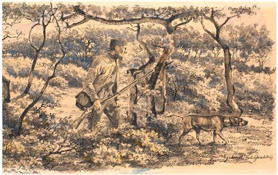 Bracconiere con cane nel bosco da Hans Smidth