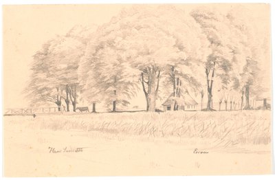 Paesaggio presso Esrom, in primo piano un ruscello con un ponte, sullo sfondo alberi alti e una casa da Hans Smidth