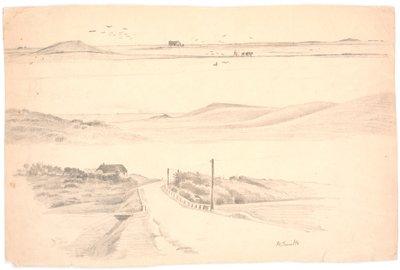 Foglio di studio con tre paesaggi dello Jutland. In alto: paesaggio con campo arato; al centro: paesaggio con alte colline; in basso: paesaggio con casa e strada da Hans Smidth