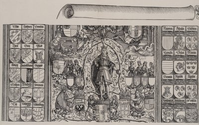 La parte superiore della genealogia di Massimiliano, con il bordo destro del rotolo da Hans Springinklee