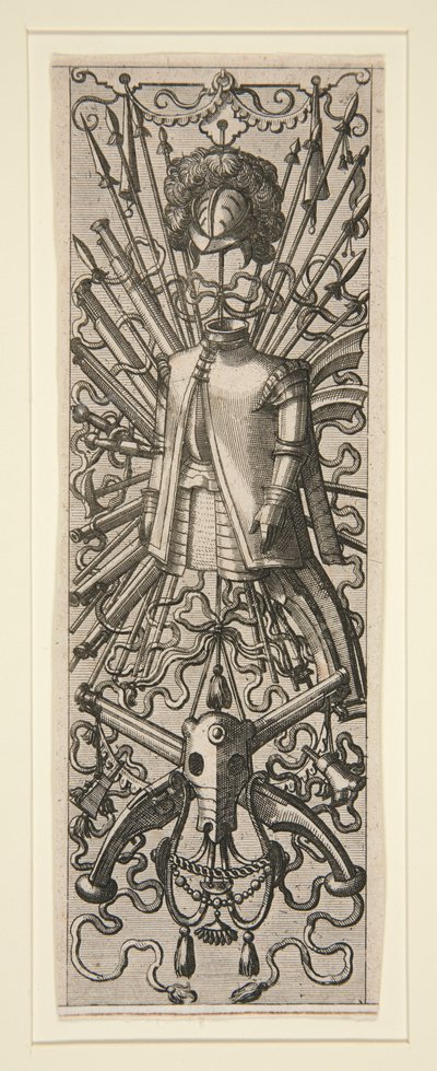 Un foglio da un set di 16 decorazioni a pannelli e fregi con trofei da Hans Vredeman de Vries