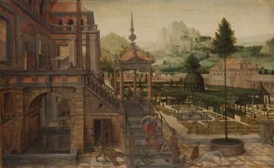 Giardini del palazzo con il povero Lazzaro in primo piano da Hans Vredeman de Vries