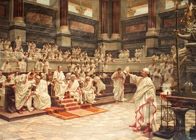 Cicerone nel Senato accusa Catilina (108-62 a.C.) di congiura, 21 ottobre 63 a.C. - cromolitografia da Hans W. Schmidt