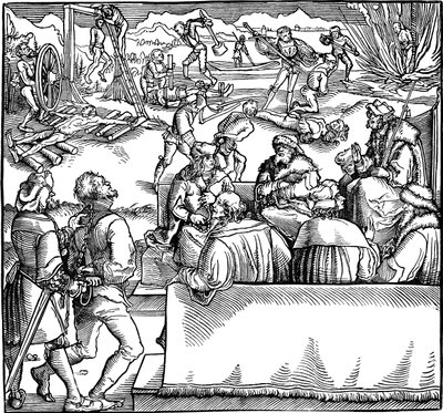 Sessione di corte. Illustrazione dal libro Phisicke Against Fortune di Petrarca, 1532 da Hans Weiditz the Younger