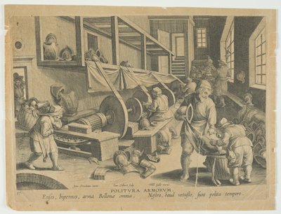 Politura delle armi, tavola 17 dalla serie Nova Reperta, Scoperte Moderne da Hans the younger Collaert