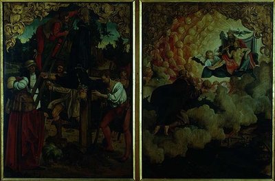 Storie degli altari di S.S Pietro e Paolo: dettaglio che mostra da sinistra a destra la crocifissione di San Pietro, San Paolo che ascende al cielo (dettaglio) da Hans von Klumbach