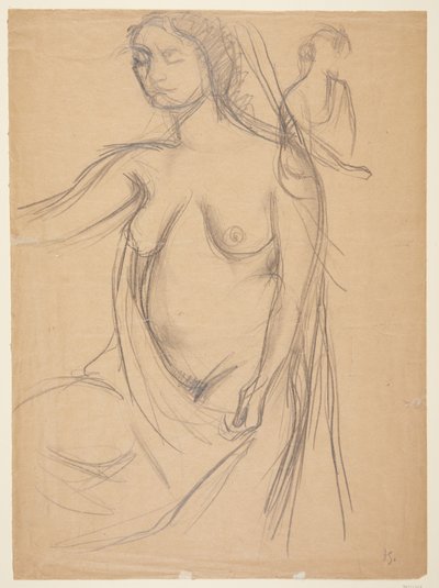 Modella femminile, tre quarti di profilo a sinistra, tagliata alle ginocchia, e un piccolo studio di modella da Harald Giersing