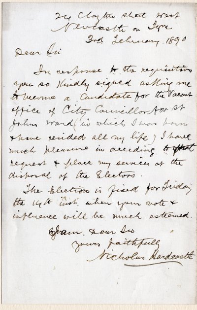Lettera di Nicholas Hardcastle che accetta l