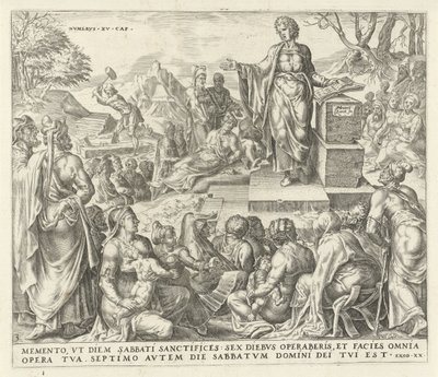 Uomo raccoglie legna di sabato Ricorda il giorno di sabato I dieci comandamenti (titolo della serie) da Harmen Jansz Muller