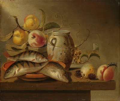 Natura Morta con Vaso di Terracotta, Pesce e Frutta da Harmen Steenwijck