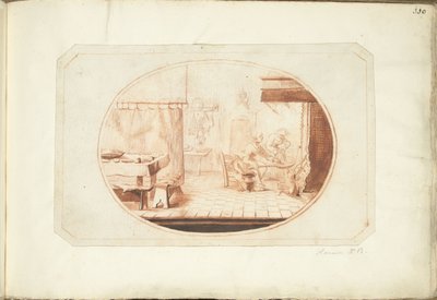 Interno di cucina con due donne e un gatto, in ovale da Harmen ter Borch