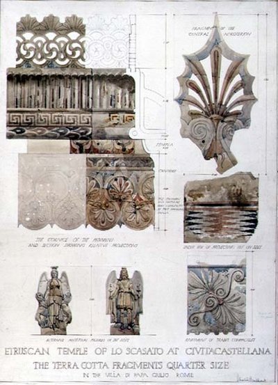 Studi di Frammenti dal Tempio Etrusco di Lo Scasato a Civitacastellana e dalla Villa di Papa Giulio a Roma, c.1910 da Harold Chalton Bradshaw
