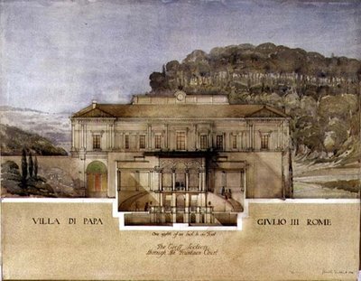 Veduta della sezione trasversale attraverso il cortile della fontana della Villa di Papa Giulio a Roma da Harold Chalton Bradshaw