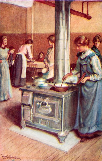 Un gruppo di casalinghe indaffarate, la cucina della Sala Immigrazione di Winnipeg da Harold Copping