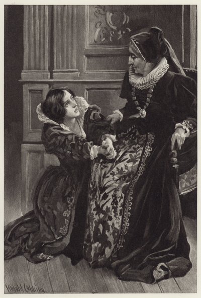 Elena in ginocchio ora confessava il suo amore, e con vergogna e terrore implorava il perdono della sua nobile padrona da Harold Copping