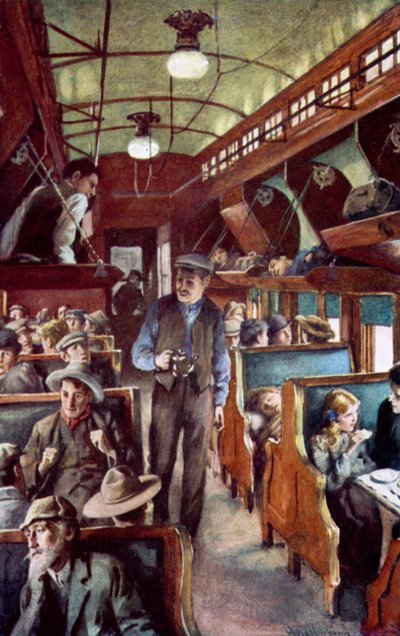 Immigrati che viaggiano attraverso il Canada in un vagone coloniale della CPR da Harold Copping