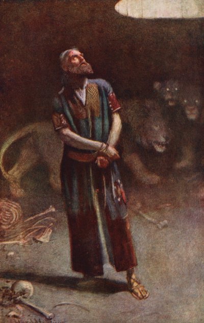 Vecchio Testamento: Daniele nella fossa dei leoni (litografia a colori) da Harold Copping