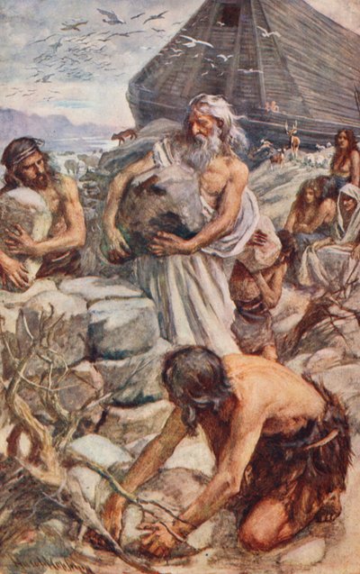 Vecchio Testamento: Noè costruisce il suo altare (litografia a colori) da Harold Copping
