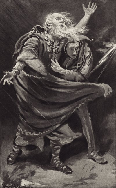Su una brughiera, esposto alla furia della tempesta in una notte buia, vagava il re Lear? da Harold Copping