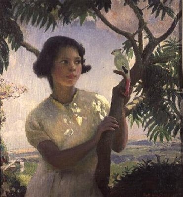 Ragazza con un pappagallo giocattolo da Harold Harvey