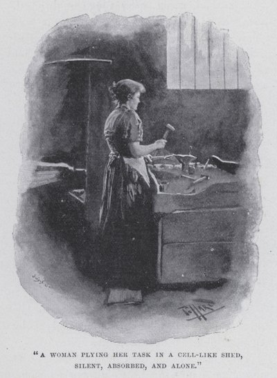 "Una donna che svolge il suo compito in una capanna simile a una cella, silenziosa, assorbita e sola" da Harold Hume Piffard
