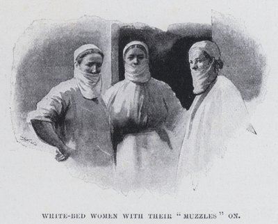 Donne con letto bianco con i loro "museruole" (foto b/n) da Harold Hume Piffard