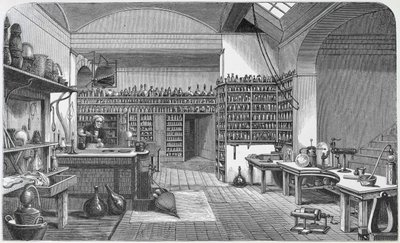 Michael Faraday (1791-1867) nel suo laboratorio nel seminterrato, da 