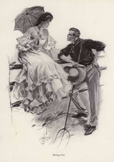 Un contadino si ferma nel suo lavoro per flirtare con una giovane donna da Harrison Fisher