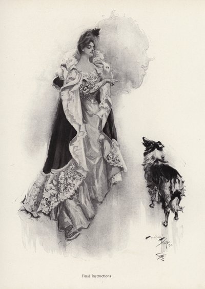 Una giovane donna che esce per la sera e ordina al suo cane di obbedire da Harrison Fisher