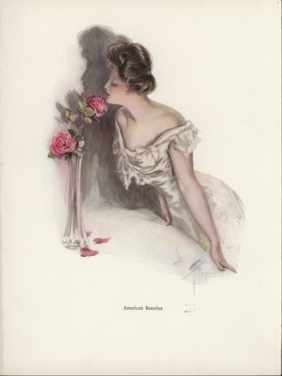 Donna americana che annusa rose rosa in un vaso da Harrison Fisher