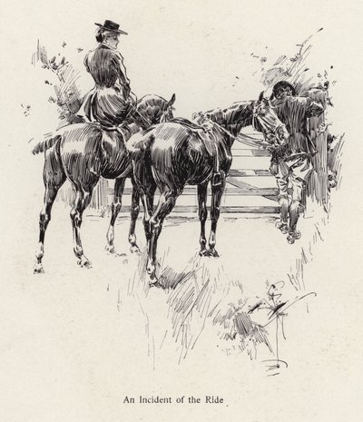 Cavalieri che si fermano per aprire un cancello da Harrison Fisher