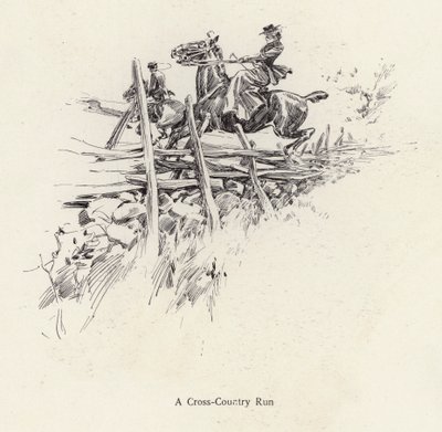 Uomo e donna a cavallo durante una corsa campestre da Harrison Fisher