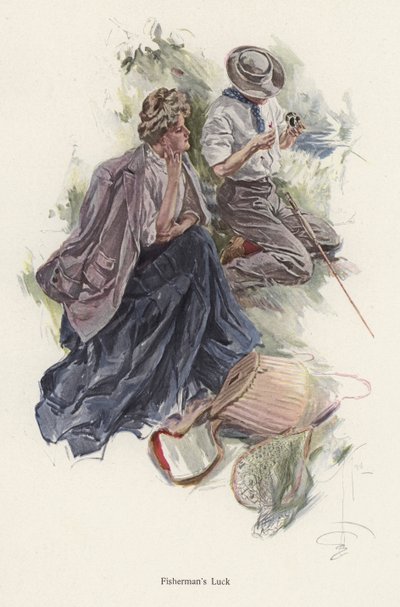 Uomo che pesca sulla riva di un fiume mentre una donna lo osserva da Harrison Fisher