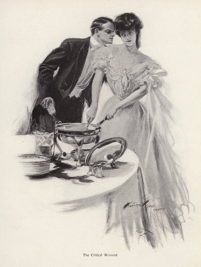 Uomo che flirta con una donna al tavolo della cena da Harrison Fisher
