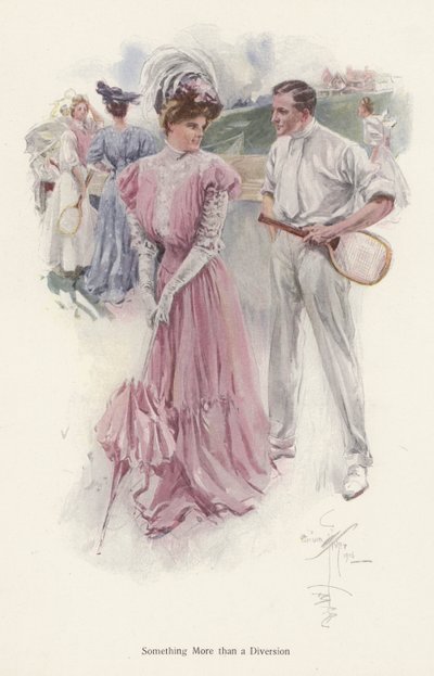 Uomo interrompe la sua partita di tennis per parlare con una giovane donna da Harrison Fisher