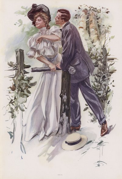 Uomo che cerca di rubare un bacio a una giovane donna da Harrison Fisher