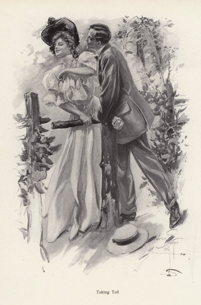 Uomo che cerca di rubare un bacio a una giovane donna da Harrison Fisher