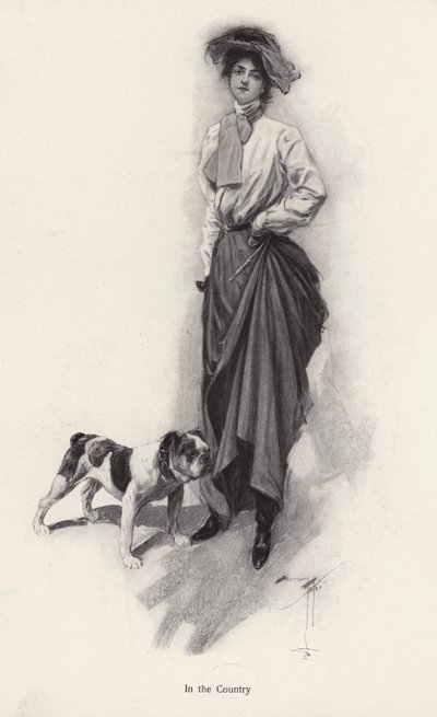 Ritratto di una donna vestita per la campagna con il suo bulldog da Harrison Fisher