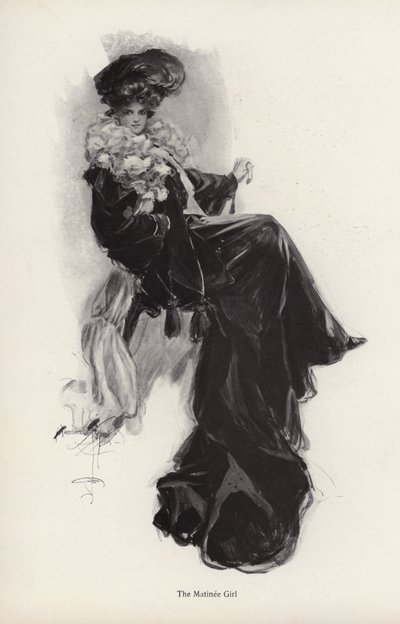 Ritratto di una giovane donna in un lungo cappotto e abito da Harrison Fisher