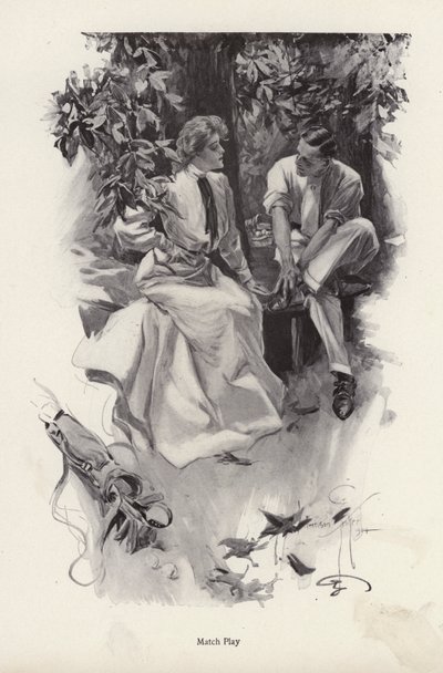 Coppia romantica che fa una pausa dal loro gioco di golf (litografia) da Harrison Fisher