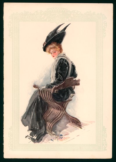 Ragazza seduta con vestito nero e cappello (litografia a colori) da Harrison Fisher