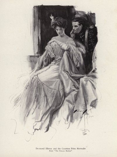 Due personaggi, Desmond Ellery e la Contessa Frina Mavrodin dal romanzo La Principessa Moritza di Percy Brebner da Harrison Fisher