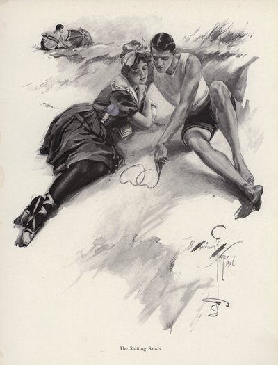 Due innamorati che disegnano cuori nella sabbia sulla spiaggia da Harrison Fisher