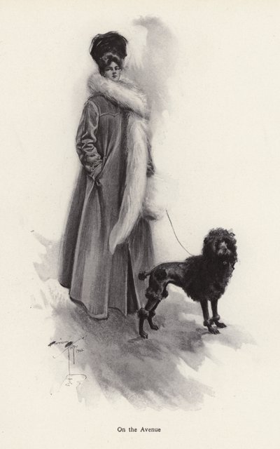 Donna in un lungo cappotto con un barboncino da Harrison Fisher