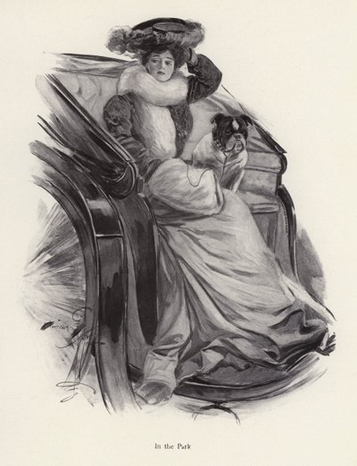Donna seduta in una carrozza con il suo cane da Harrison Fisher