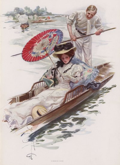 Giovane donna americana su una barca a remi su un fiume inglese da Harrison Fisher