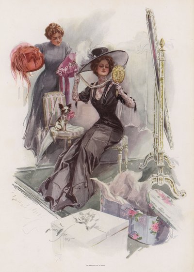 Giovane donna americana che prova cappelli da una modista francese da Harrison Fisher