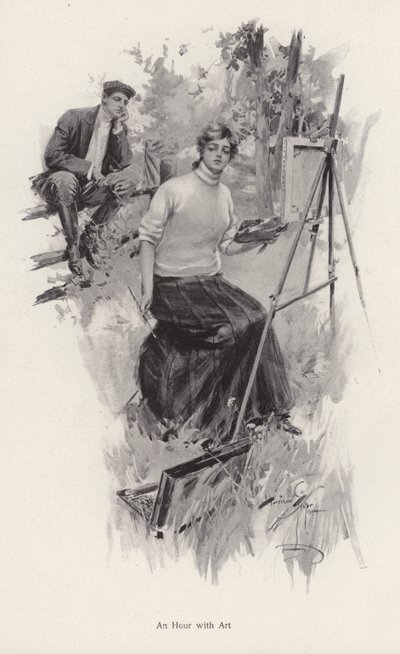Giovane donna artista che dipinge in campagna mentre un giovane uomo osserva da Harrison Fisher