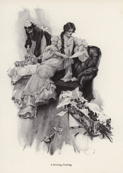 Giovane donna che riceve un mazzo di fiori e una lettera da un ammiratore (litografia) da Harrison Fisher